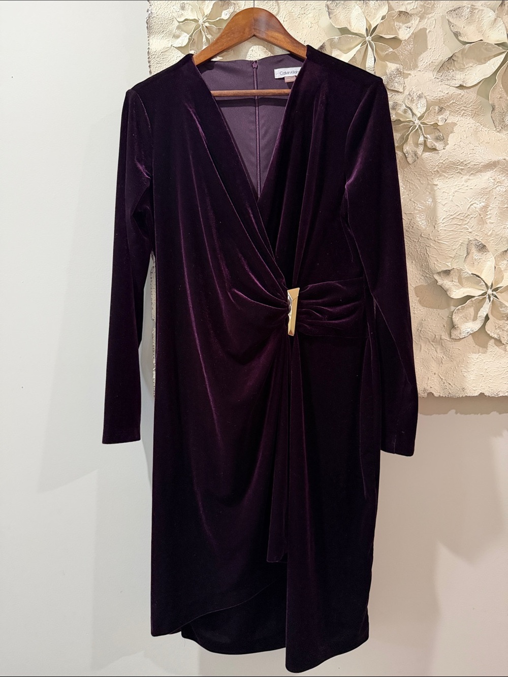 Calvin Klein Velvet Faux Wrap Sheath Dress Purple Size 16 Long Sleeve